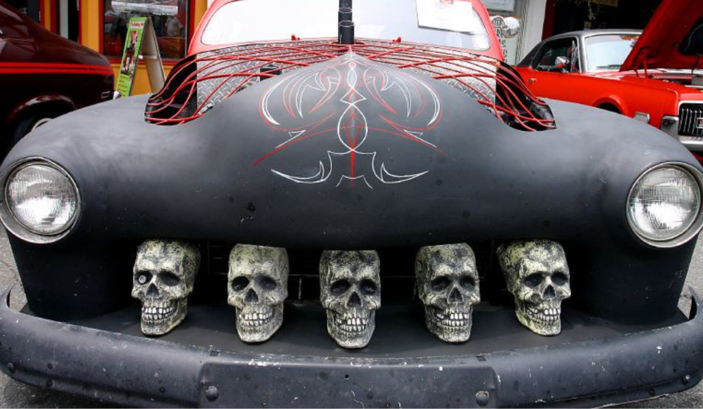 Grille of a car made from skulls