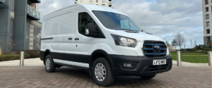 White Ford eTransit at an angle