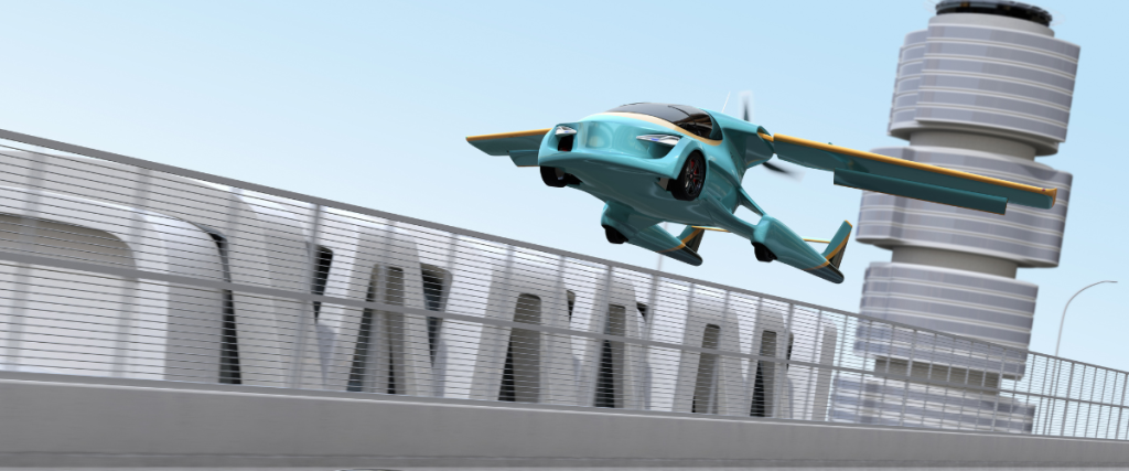 Flying blue car image from ground level