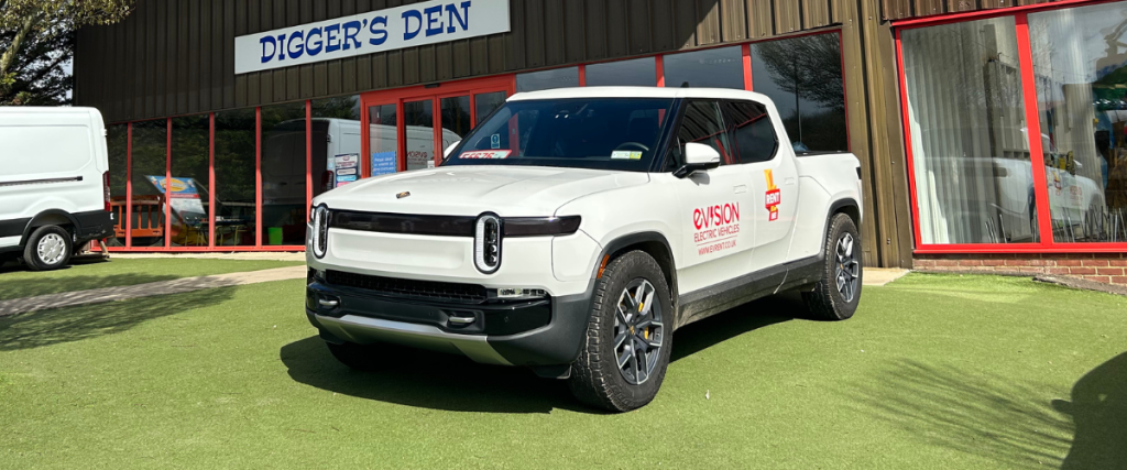 Rivian R1T parked outside Digger's Den at Diggerland Kent